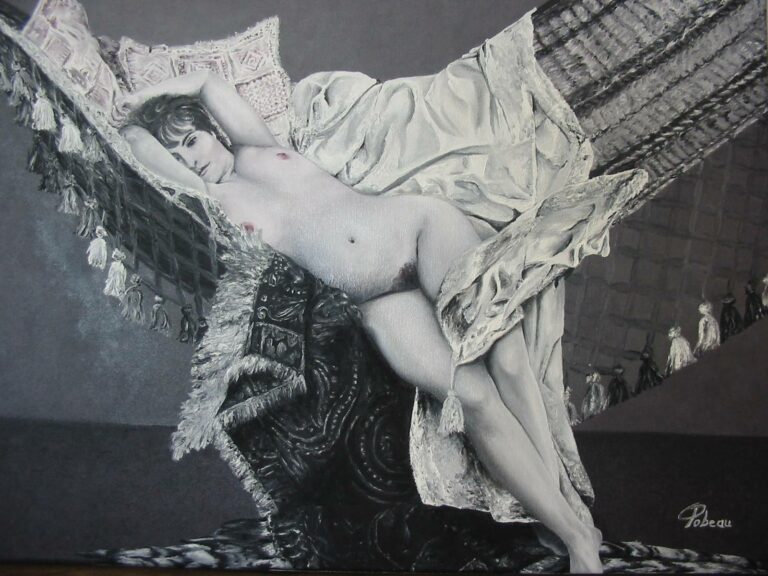 Nu féminin allongé dans un hamac en noir et blanc. Inspiration des photos des années 1900. L'afflux sanguin ; 1er thème de mon étude pour le nu féminin