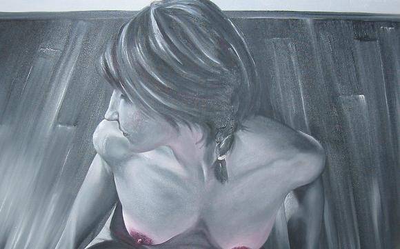 Nu féminin en tailleur vu du haut en noir et blanc, carmin. Détail de la peinture originale. Introspection physique ; 4ème thème de mon étude pour le nu féminin