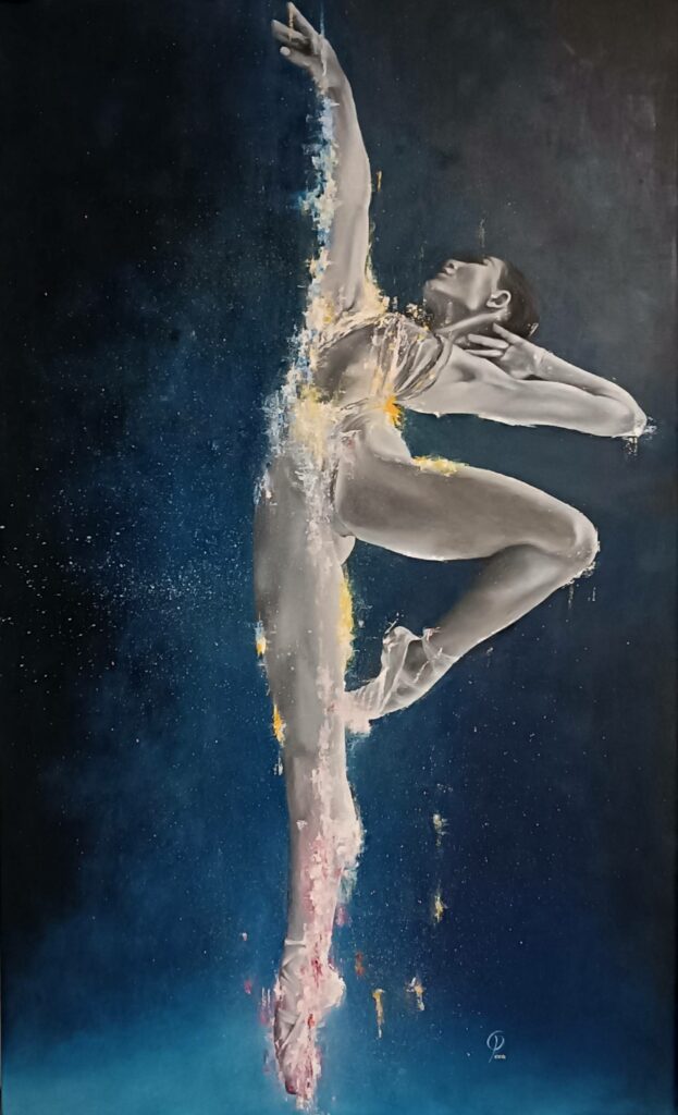 Danseuse classique en performance dans une nuée d'étoiles, noir et blanc, inspirée de -M- Matthieu Chedid