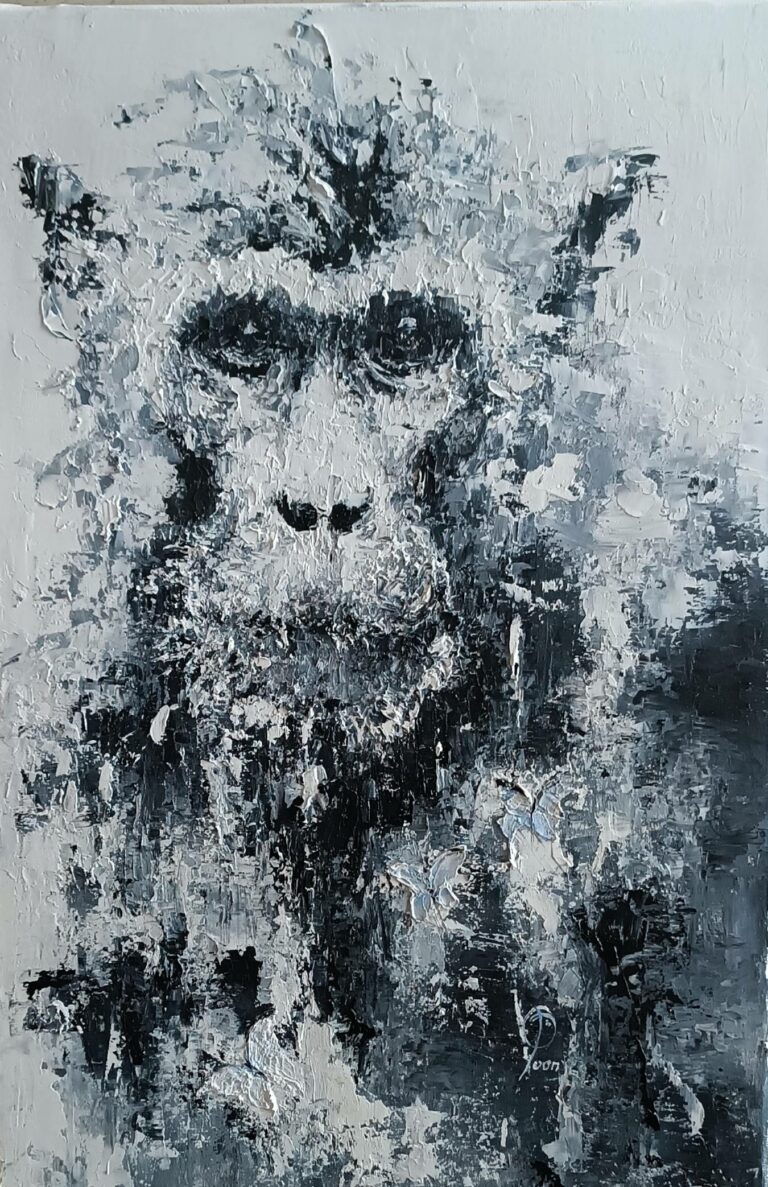 Macaque japonais dans les bains chauds en hiver, huile en noir et blanc et bleu outremer. Placide malgré l'environnement, contraste du chaud et du froid. Renaissance