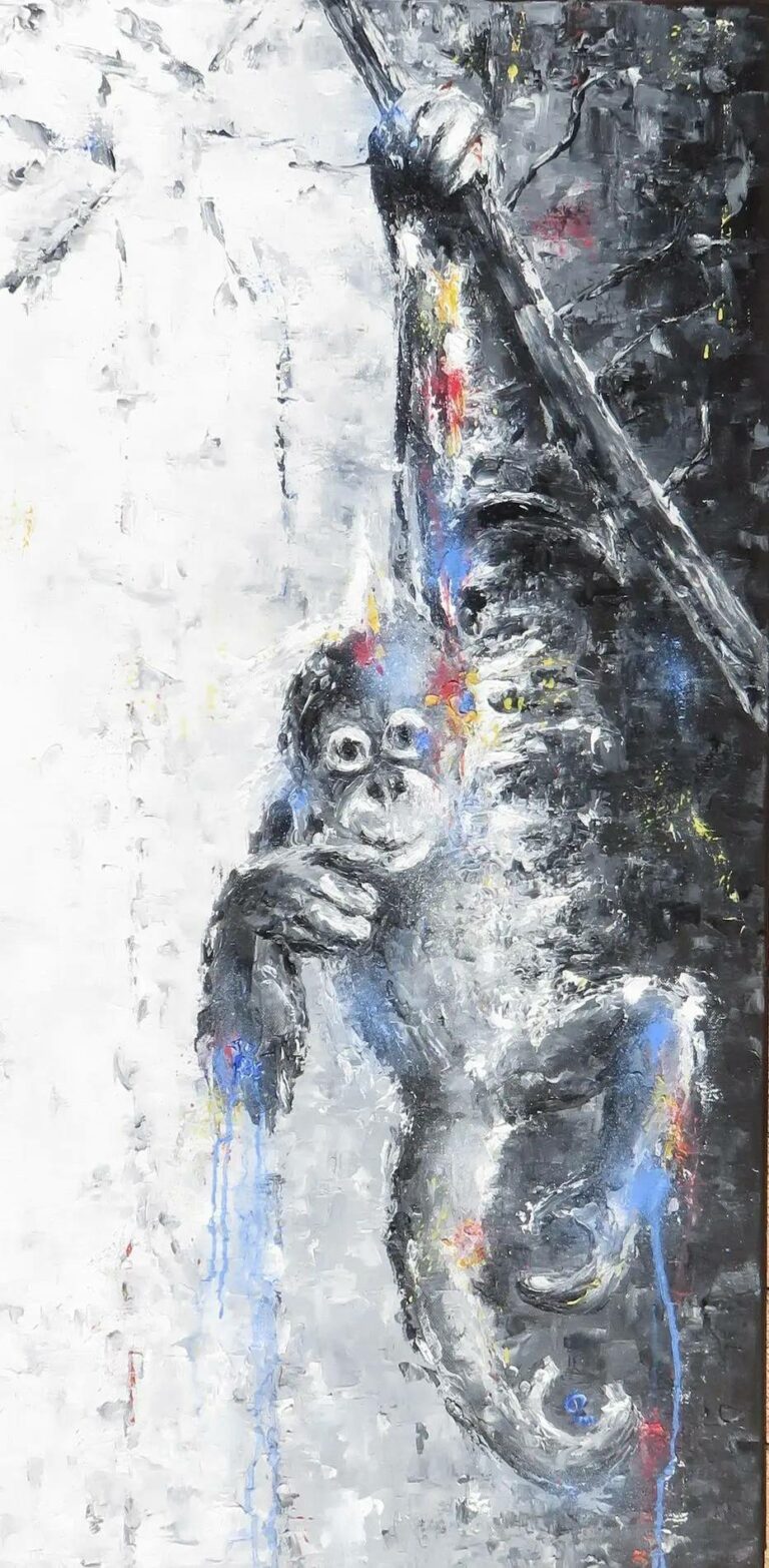 Bébé orang-outan en noir, blanc et couleurs primaires. Puisqu'il en faut peut pour être heureux dans le livre de la jungle, le groupe Skip the Use nous le rappelle dans sa chanson "Faut être heureux"