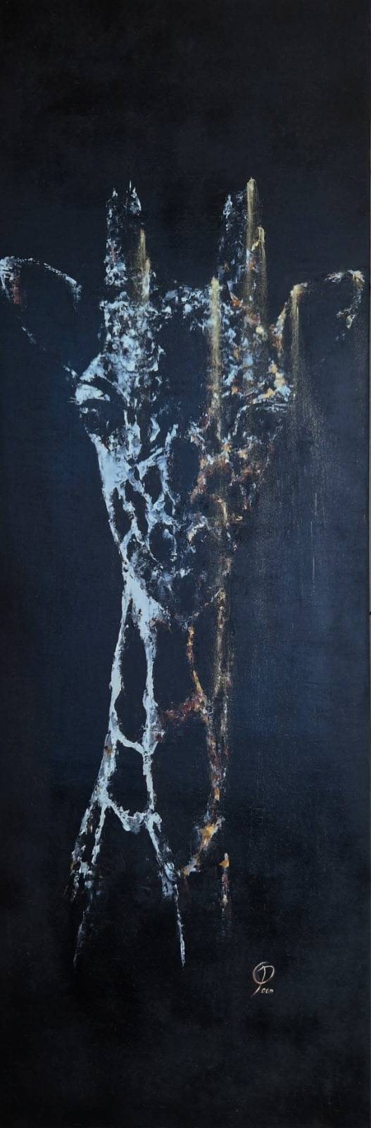 Girafe en noir, blanc, terre de sienne, ocre jaune et or, représentation de la féminité inspirée des oeuvres de Dalí ; fragilité et pureté