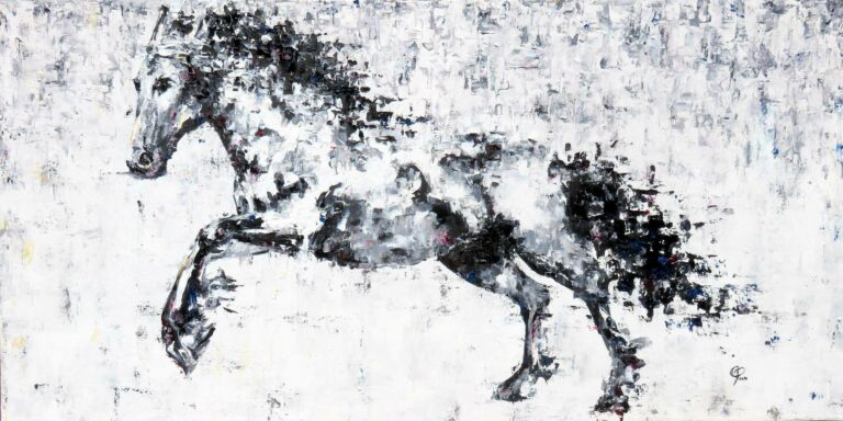 Cheval blanc au galop en noir et blanc. Inspiré de la chanson de James Brown "It's A Man's Man's Man's World"