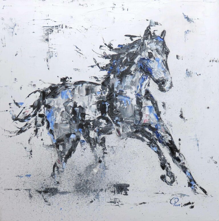 Cheval blanc en mouvement, huile en noir, blanc et bleu outremer