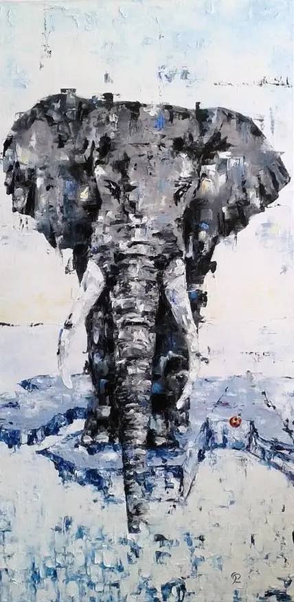 Éléphant en noir, blanc et couleurs primaires sur une banquise. Paradoxe du réchauffement climatique. Inspiré de la peinture de Dali, songe, mais surtout de la marche inéluctable de la chanson de Louise Attaque "anomalie"